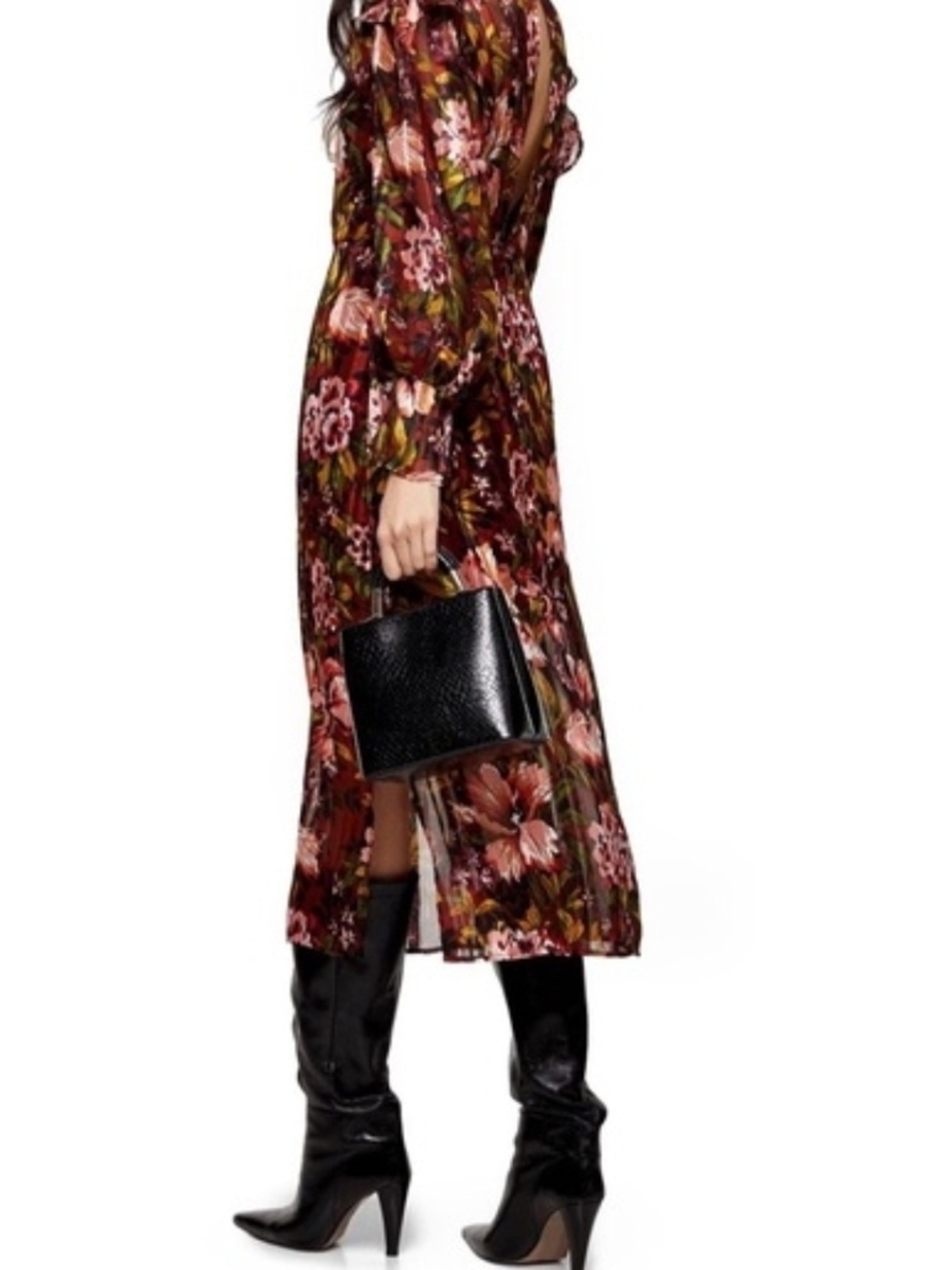 Topshop Plum Burgundy Floral Vtg Midi Dress Pink Fall 70s Boho Western Grunge
